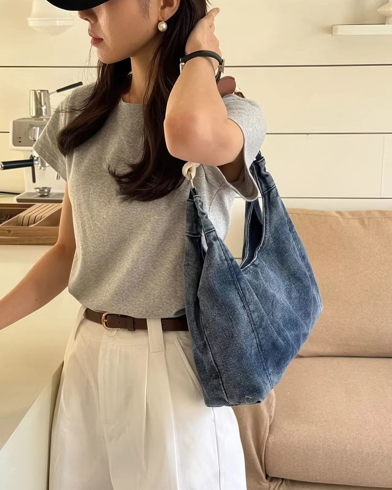 PU Handle Denim Tote Bag Underarm Bag