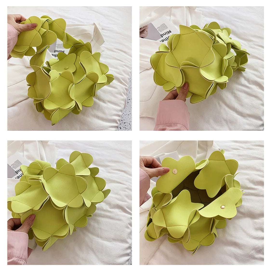 Four views of a green floral headband held by a hand on a white background. #Addtl