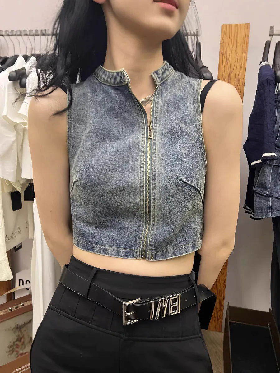 Débardeur court en jean sans manches avec fermeture éclair