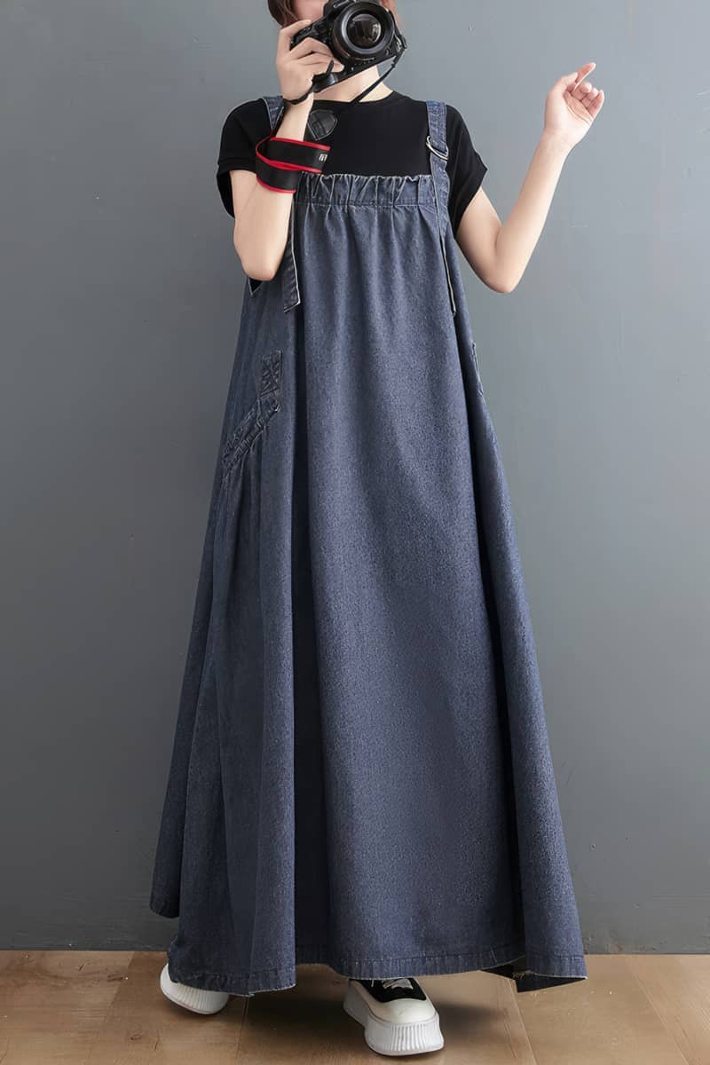 loose overall dress New Womens Loose Dress Baggy Denim Overalls Dress Casual A-Line Suspender Skirts