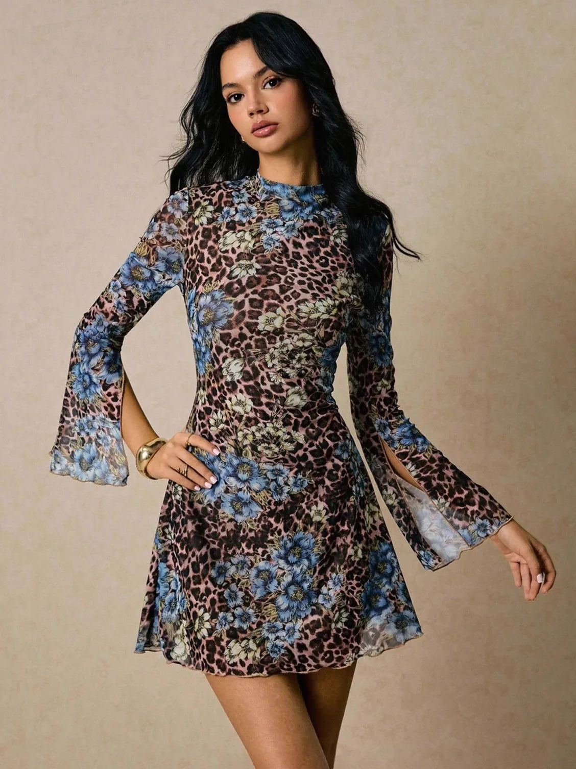 knee length dresses for ladies Double-layer round-neck mesh flower dress
