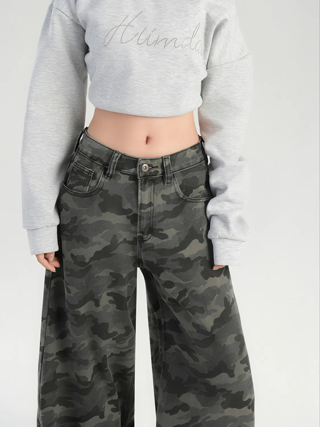 Camo High-Waisted Wide-Leg Casual Pants