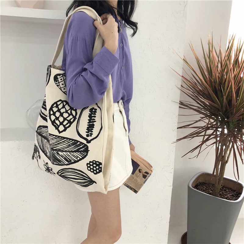 New leaf print thick canvas handbag simple shoulder bag | YonPop