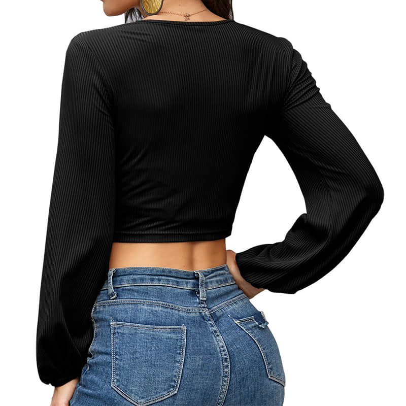 Women's top long sleeve V-neck drawstring T-shirt | YonPop