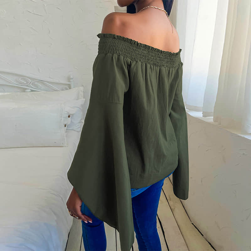 Women's loose long-sleeved solid color strapless top T-shirt | YonPop