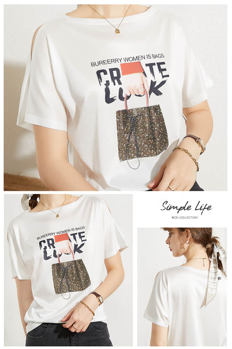 Loose printed off-the-shoulder T-shirt | YonPop