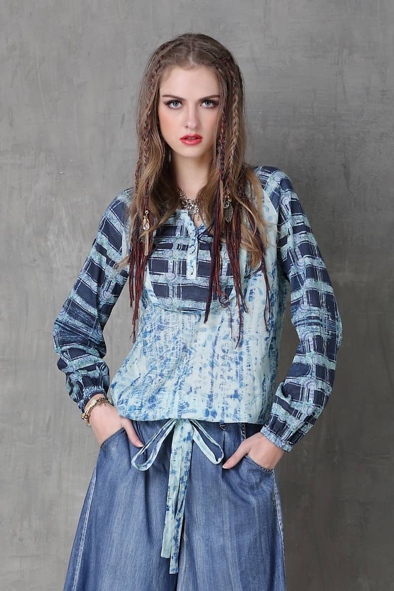 Lockeres Retro-Langarmhemd aus Baumwolle und Leinen