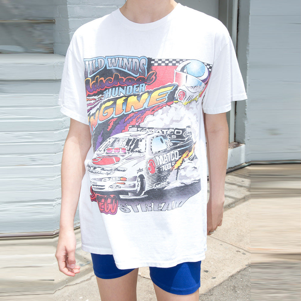 Retro short-sleeve racing print loose t-shirt women | YonPop