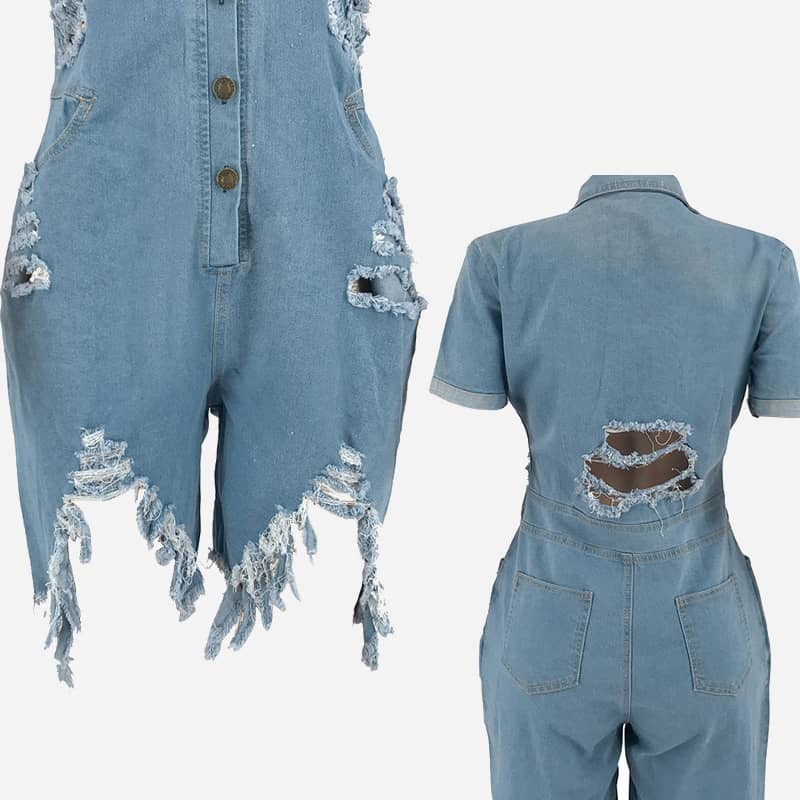 Sexy slim ripped denim jumpsuit | YonPop