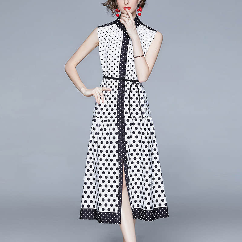 Black and white polka dot sleeveless dress