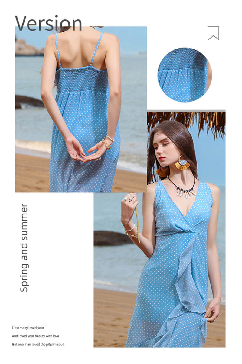 Pure Color Polka Dot V-Neck Sling Beach Dress | YonPop