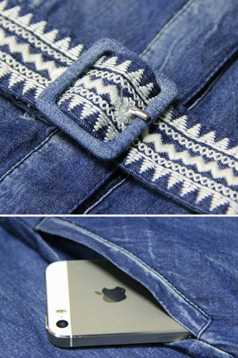 Washed denim dress with belt embroidered one-line collar | YonPop