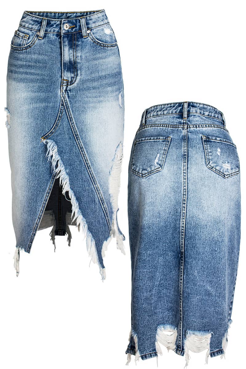 Irregular fringe ripped denim skirt | YonPop
