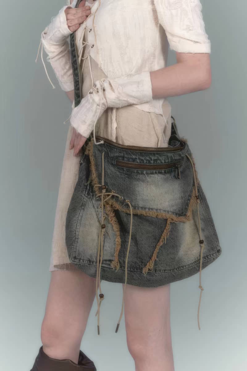 Vintage Washed Denim Fringed Messenger Bag