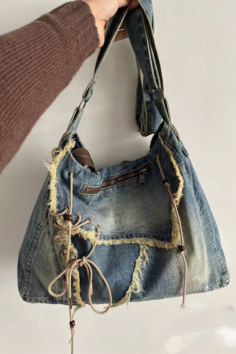 Vintage Washed Denim Fringed Messenger Bag