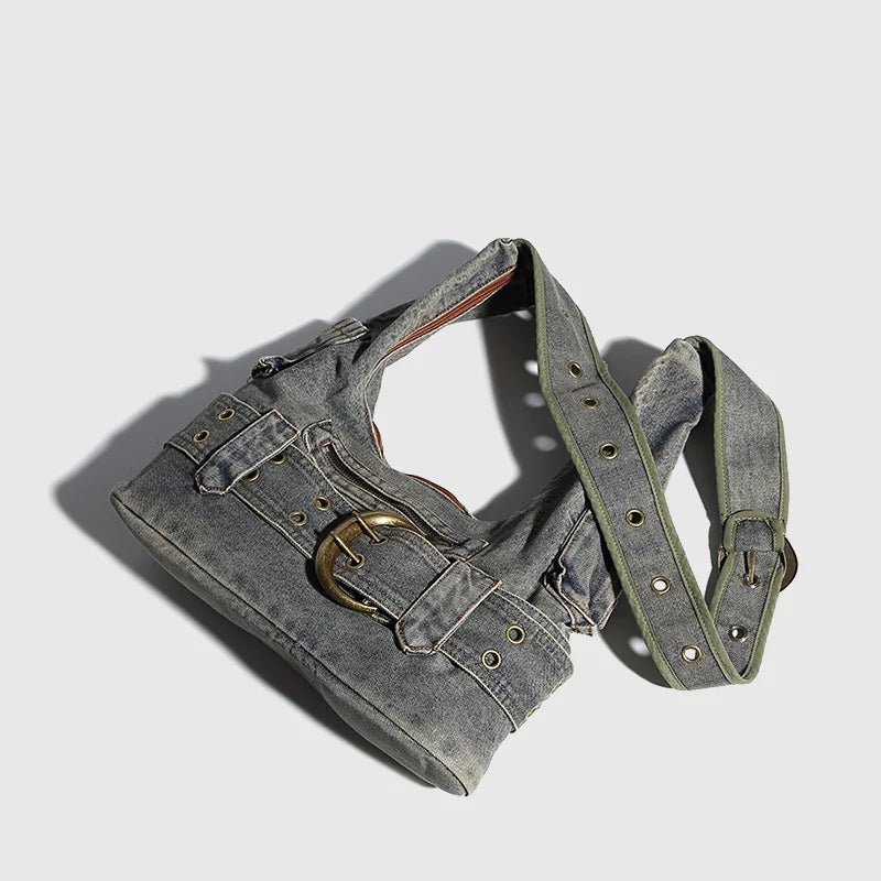 Vintage denim shoulder bag large capacity underarm bag