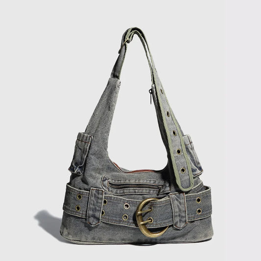 Vintage denim shoulder bag large capacity underarm bag