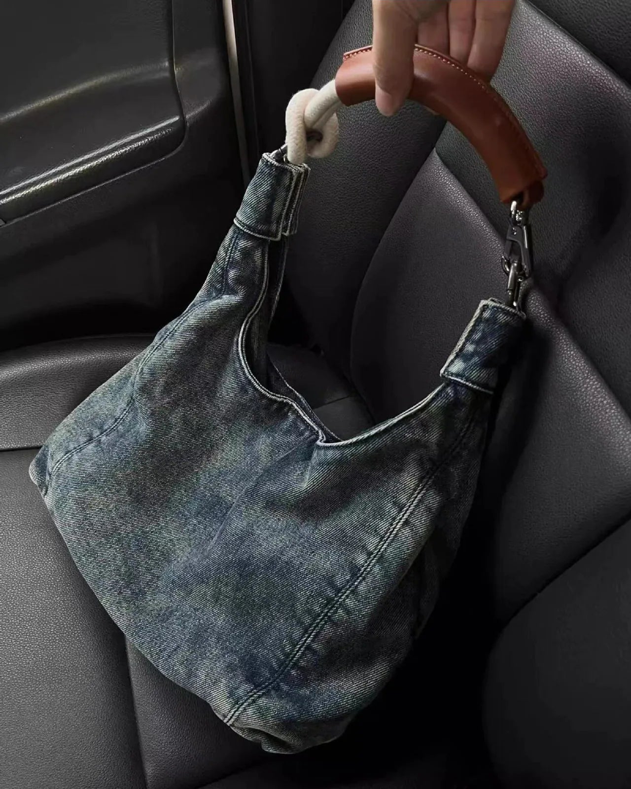 PU Handle Denim Tote Bag Underarm Bag