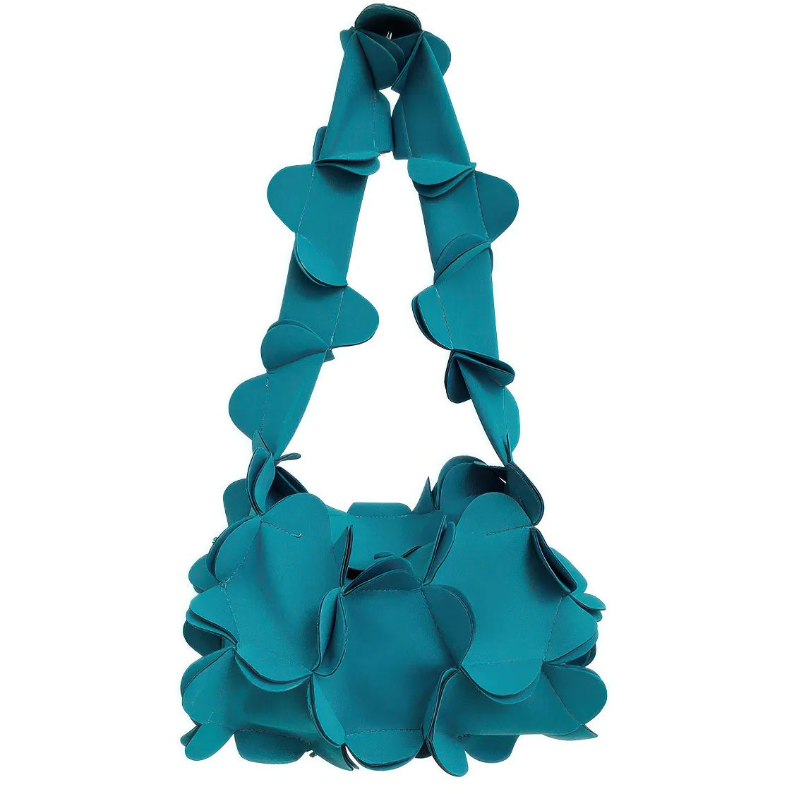 Teal handbag with ruffled design on a white background. #Color_Teal