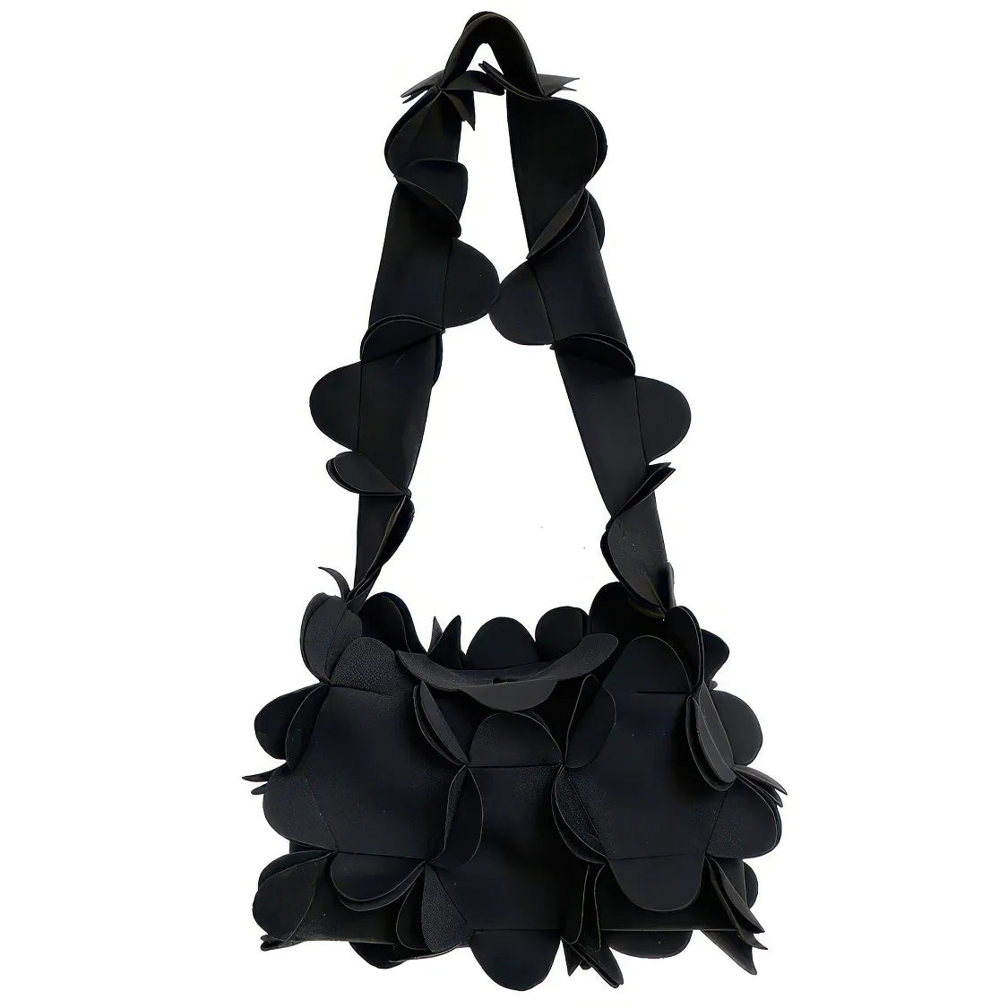 Black floral handbag with a ribbon handle on a white background. #Color_Black