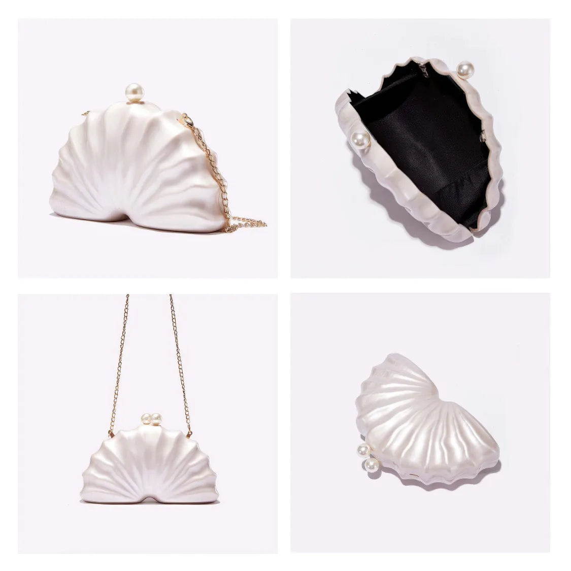 Shell-shaped handbag with pearl details on a white background. #Color_PearlWhite