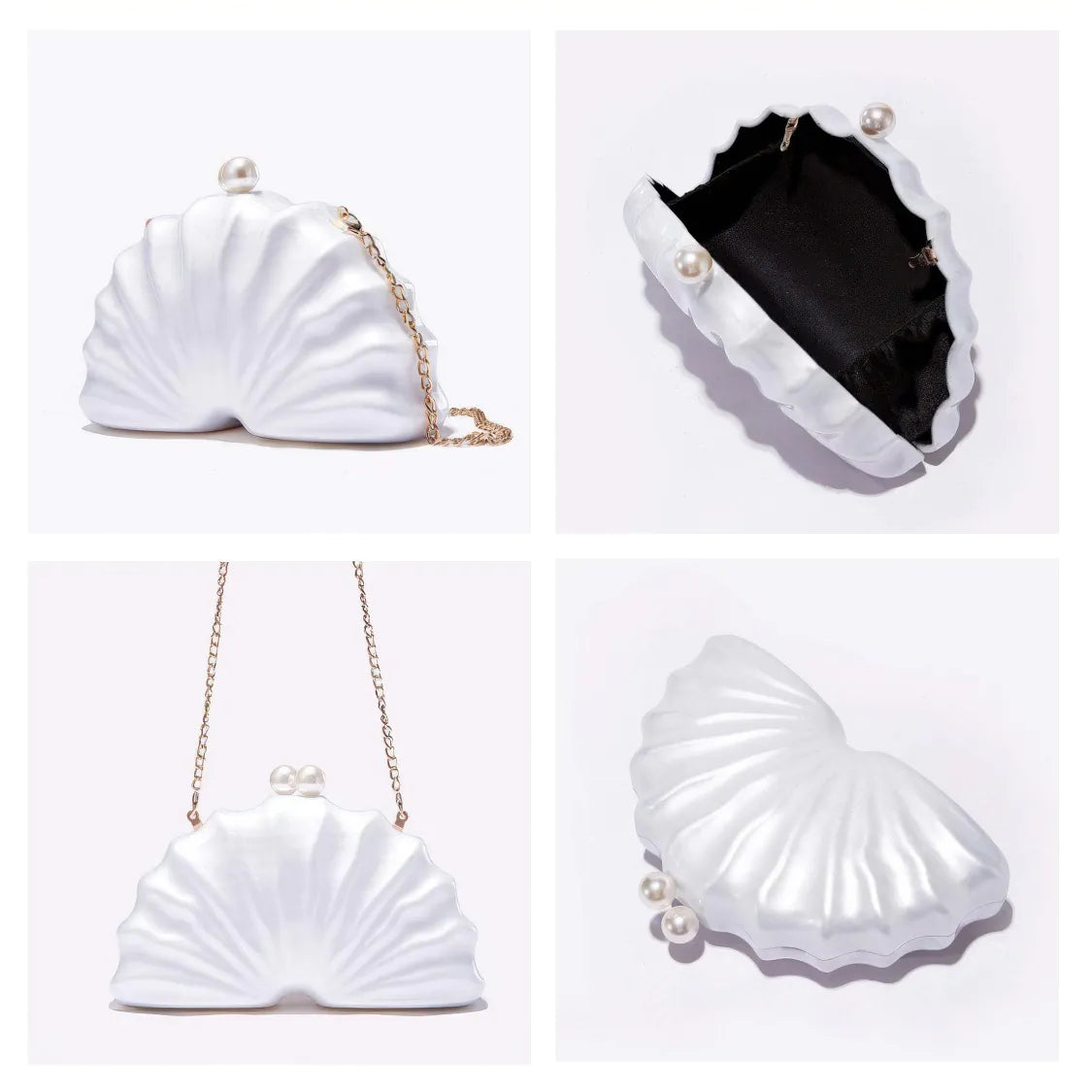 White shell-shaped clutch bag with a gold chain on a white background. #Color_White