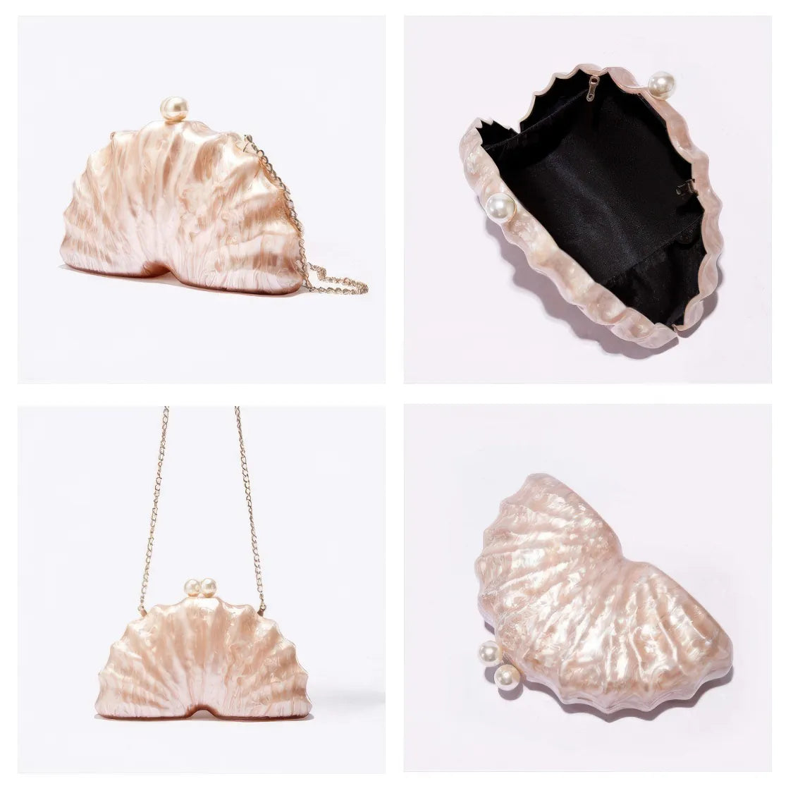 Shell-shaped handbag with a chain strap on a white background. #Color_Champagne