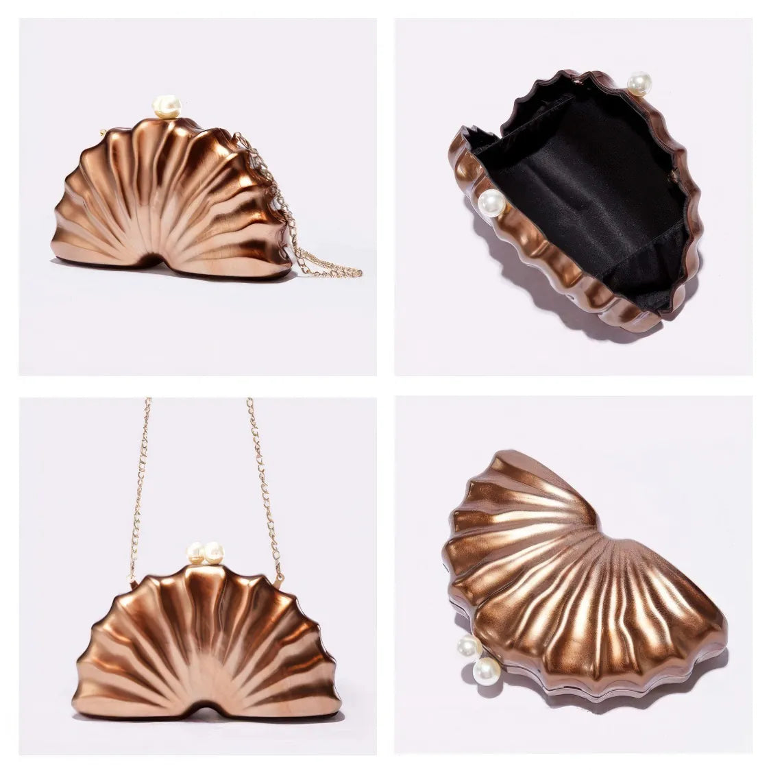 Shell-shaped handbag with pearl details on a white background. #Color_Coffee