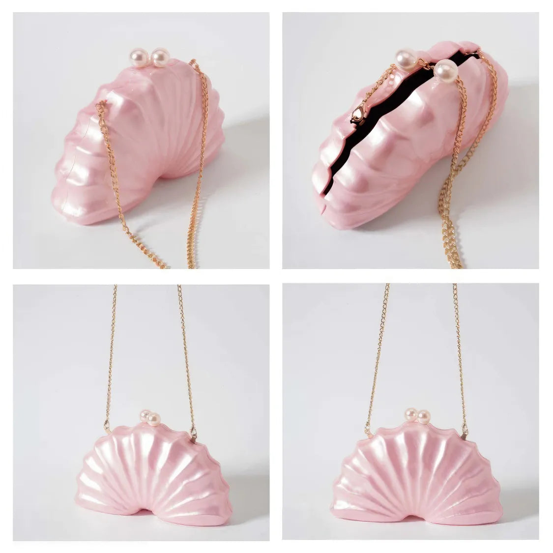 Pink shell-shaped handbag with a chain strap on a white background. #Color_Pink