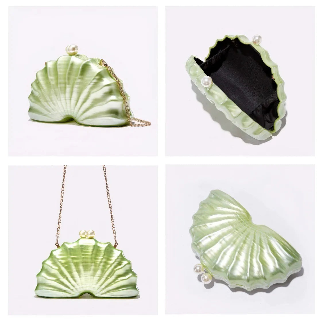 Green shell-shaped handbag with a chain strap on a white background. #Color_Green