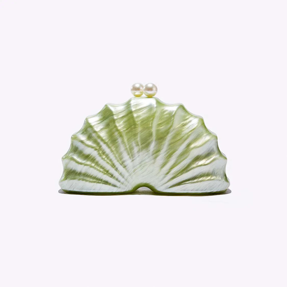 Green shell-shaped clutch bag with pearl embellishments on a white background. #Color_Green