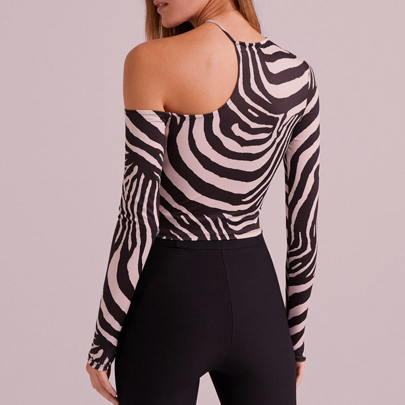 Zebra print long-sleeved off-the-shoulder cropped T-shirt