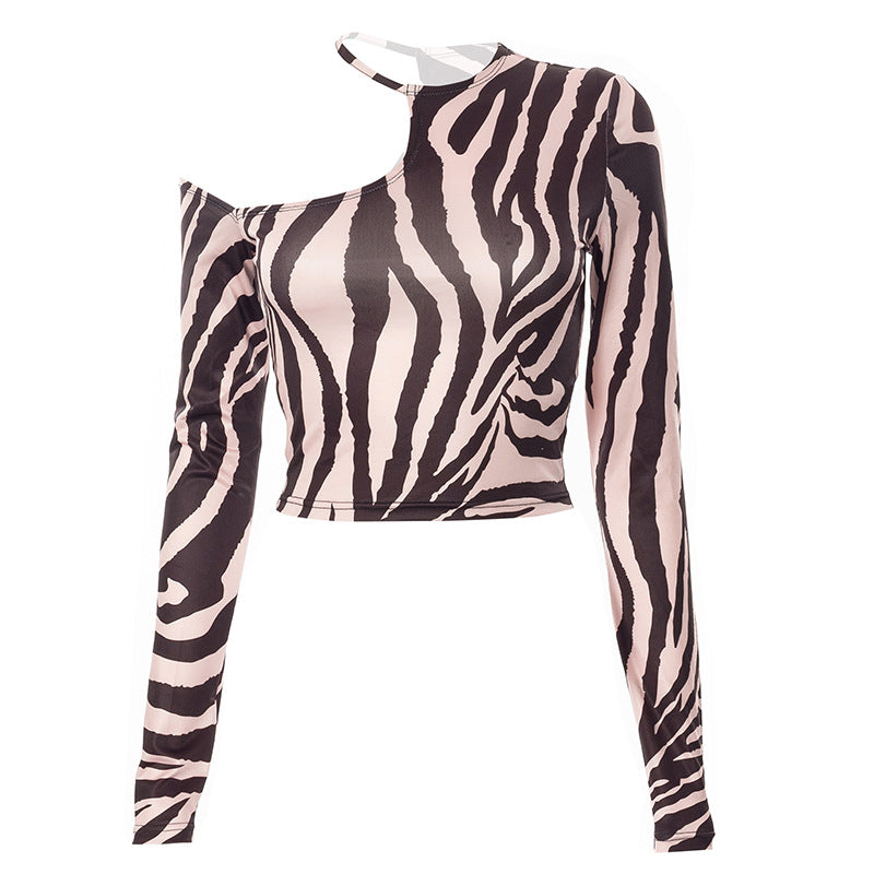 Zebra print long-sleeved off-the-shoulder cropped T-shirt