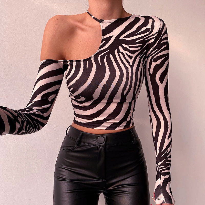 Zebra print long-sleeved off-the-shoulder cropped T-shirt