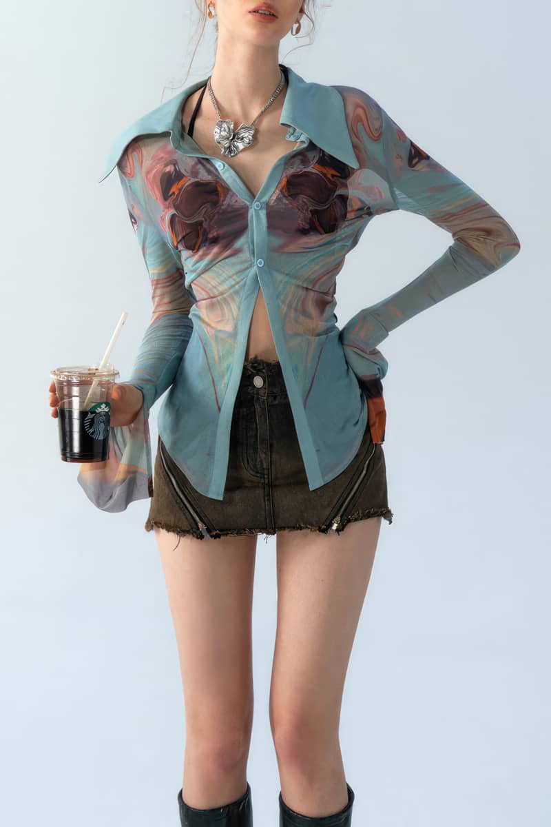 Elastic Mesh Printed Shirt for Women with Waist Cinching