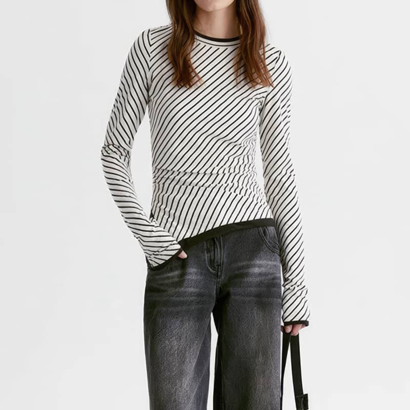 Striped round neck long sleeve T-shirt