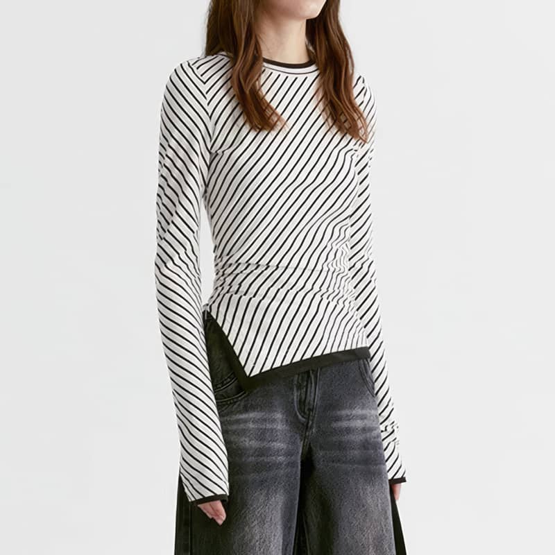 Striped round neck long sleeve T-shirt