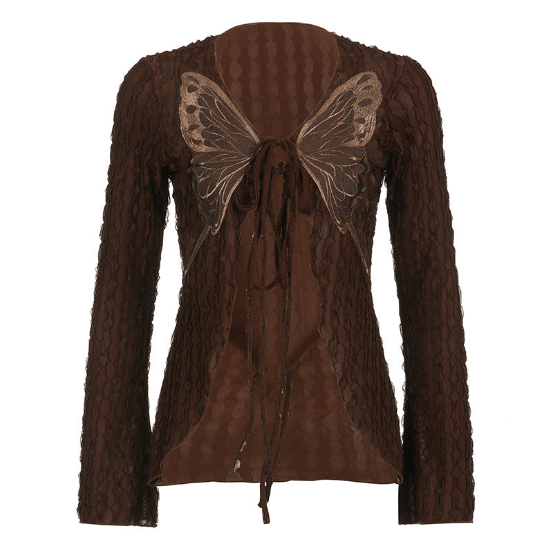 Retro Butterfly Lace Patch Knit Top Lace-up Cardigan