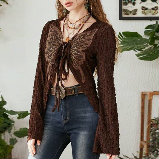 Retro Butterfly Lace Patch Knit Top Lace-up Cardigan