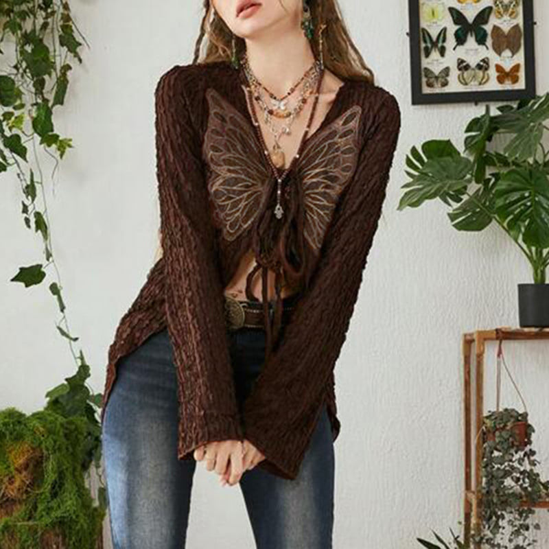 Retro Butterfly Lace Patch Knit Top Lace-up Cardigan