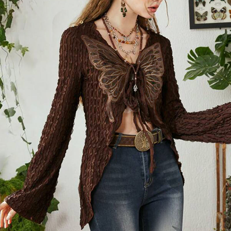 Retro Butterfly Lace Patch Knit Top Lace-up Cardigan