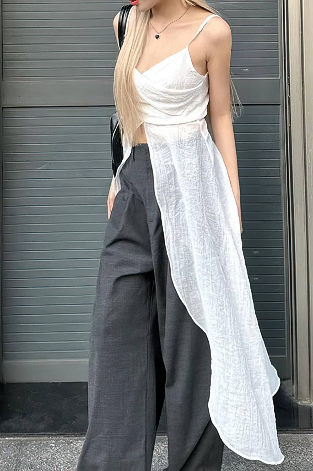 Holiday casual long pleated slit V-neck camisole top