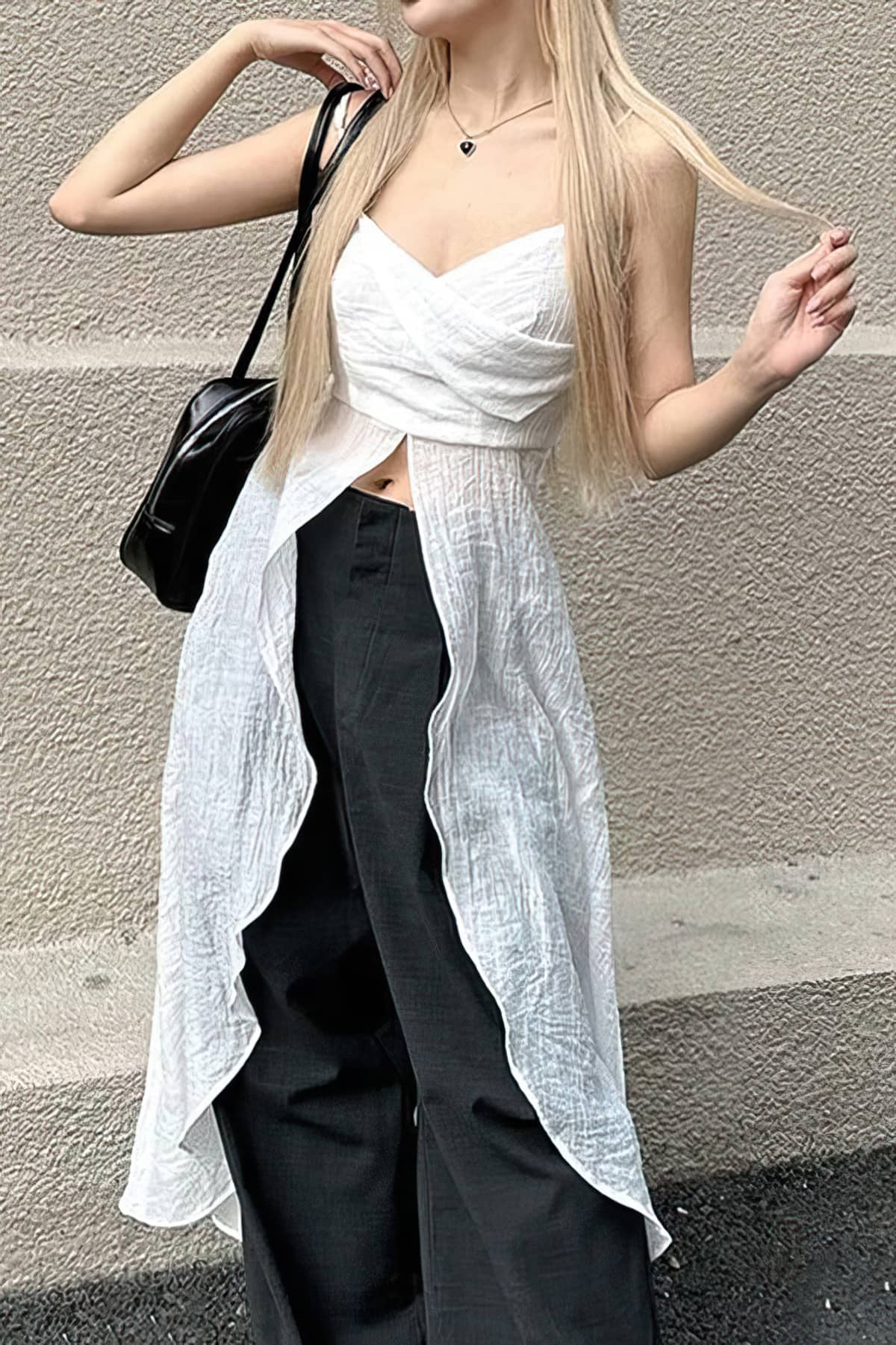 Holiday casual long pleated slit V-neck camisole top