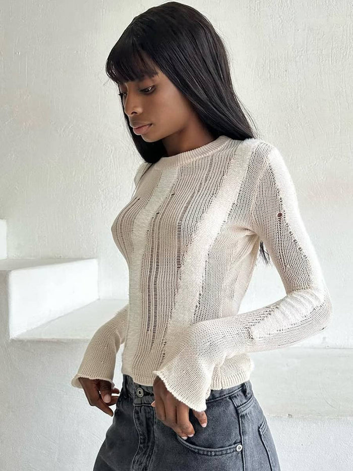 Distressed Knit Sweater with Minimal Detailing - Gray main image 1