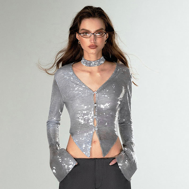 V-neck long-sleeved short sequin top