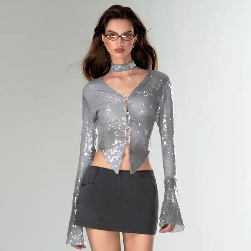 V-neck long-sleeved short sequin top