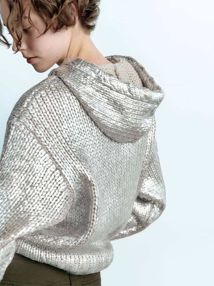 Metallic sweater hooded knitted sweatshirt