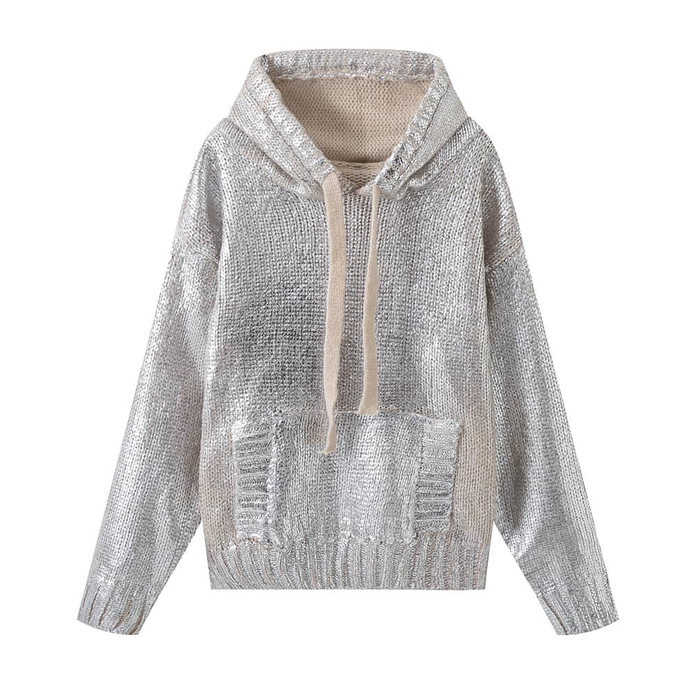 Metallic sweater hooded knitted sweatshirt