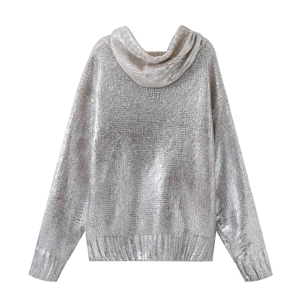 Metallic sweater hooded knitted sweatshirt