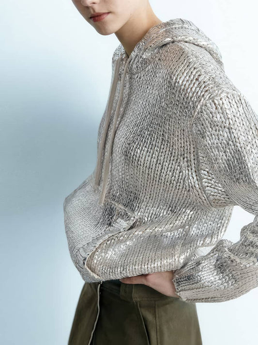 Metallic sweater hooded knitted sweatshirt